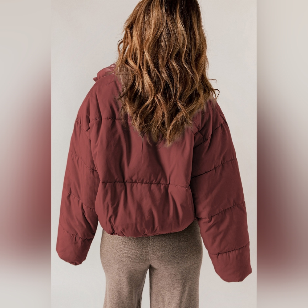 Women's Zip Up Collared Neck Brick Red Long Sleeve Puffy Winter Coat - Picture 5 of 5